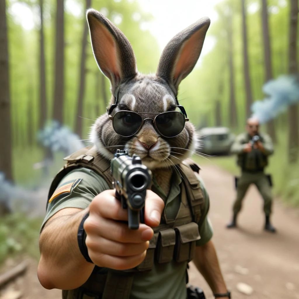 a warrior rabbit with military sunglasses, aiming with a pistol at the viewer, blurry, blurry background, warzone, blurry foreground, depth of field, explosion, facial hair, motion blur, in the woods,
<lora:GUNATYOU_XL:0.5>gunatyou, looking at viewer, pistol,
<lora:SunGlass:0.4>realism, super detailed
