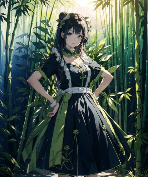 <lora:panda dress:0.7>,solo, 1girl,(masterpiece:1,2),long hair,black hair,  light smile,best quality, masterpiece, highres, original, extremely detailed wallpaper, perfect lighting,(extremely detailed CG:1.2), drawing, paintbrush, Bamboo forest,looking at viewer,standing,  hand on hip,