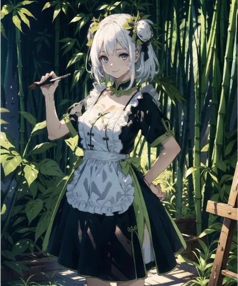 <lora:panda dress:0.7>,solo, 1girl,(masterpiece:1,2),white hair, smile,best quality, masterpiece, highres, original, extremely detailed wallpaper, perfect lighting,(extremely detailed CG:1.2), drawing, paintbrush, Bamboo forest,looking at viewer,standing, blac eyes,hands behind back