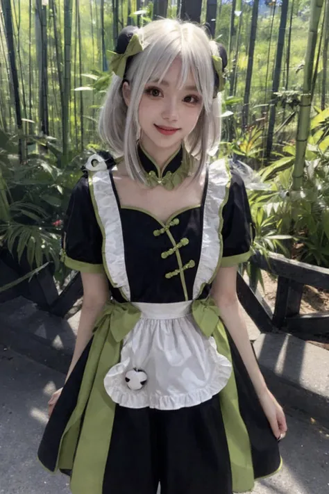 <lora:panda dress:0.8>,1girl,best quality,white hair,smile,cowboy shot,black eyes,cute & girly \(idolmaster\),bang,solo,closed mouth,8K,realistic, realistic,HDR,masterpiece,Highly detailed,Professional,Photography,bamboo forest