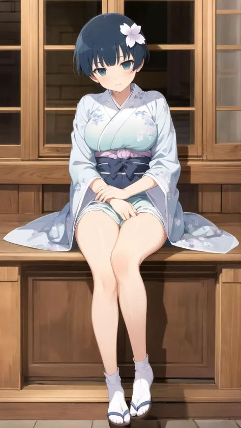 masterpiece, best quality, highres, BREAK ,disgust,gothic in baroque architecture midnight, , japanese, earthy theme, , flat shot, hugging own legs,, breasts,BREAK ,
<lora:senrankagura_yozakura:1>, yozakura, hair flower, japanese clothes, kimono