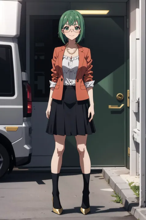 (masterpiece, best quality), outdoors, standing, looking at viewer, smirk, full body, high heels, glasses, dark skirt, white shirt, frills, red business suit, office lady, gold pearl necklace, <lora:yamadamaya-nvwls-v1:1>, yamadamaya, green hair