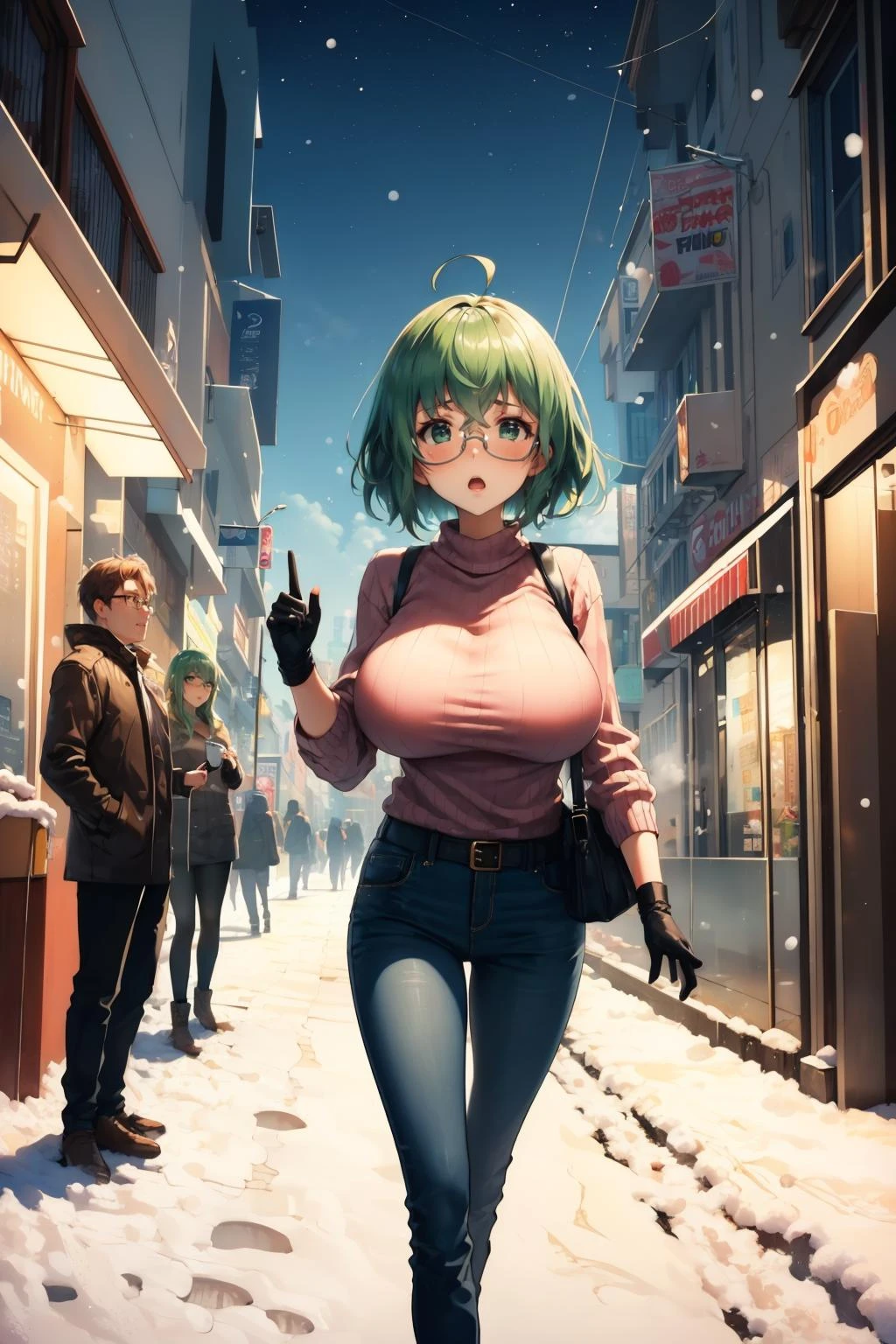 masterpiece, best quality, yamadamaya, green hair, glasses, huge breasts, pink sweater, jeans, handbag, walking, snow, black gloves, surprised, cowboy shot, city street <lora:yamadamaya-nvwls-v1-000010:0.9>