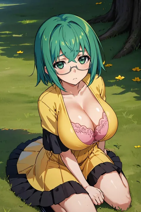 masterpiece, best quality, yamadamaya, green hair, glasses, yellow dress, pink bra, huge breasts, cleavage, wariza, from above, sitting on ground, pained expression, looking at viewer, fixing hair <lora:yamadamaya-nvwls-v1-000010:0.9>