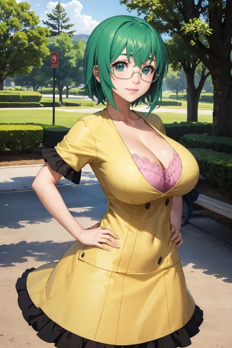 masterpiece, best quality, yamadamaya, glasses, yellow dress, pink bra, large breasts, cleavage, cowboy shot, smile, hands to hips, outdoors, park, trees, bench <lora:yamadamaya-nvwls-v1-000010:0.9>