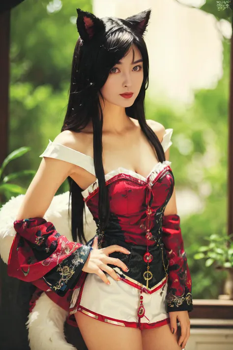 masterpiece, best quality, highres, absurdres, 1girl, solo, realistic,photoshop \(medium\),chenxiaoyun,long hair,black hair,ahri_cosplay,