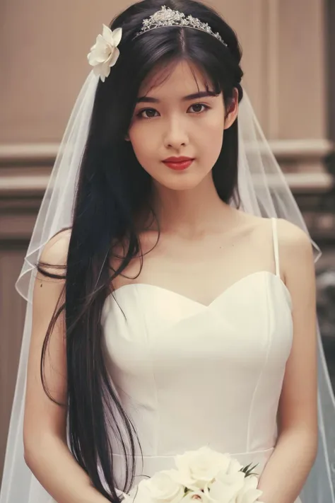 masterpiece, best quality, highres, absurdres, 1girl, solo, realistic,photoshop \(medium\),chenxiaoyun,long hair,black hair,looking at viewer, wedding dress,