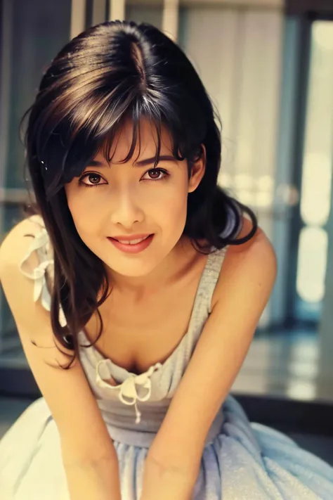 (masterpiece),((ultra-detailed)),(highly detailed CG illustration),(best quality:1.2),realistic8K UHD,High definition,(1girl:1.2),High quality texture,intricate details,detailed texture,finely detailed,high detail,extremely detailed cg,High quality shadow,a realistic representation of the face,Detailed beautiful delicate face,Detailed beautiful delicate eyes,black eye pupil,a face of perfect proportion,Depth of field,Cinematic Light,Lens Flare,Ray tracing,perspective,blush,glossy lips,Particles of Light,(narrow waist:1.3),distinct_image,high_resolution,(lustrous skin),solo focus,(finely detailed beautiful eyes and detailed face),(detailed face),(hair streaked hair),light source contrast,(pureerosface_v1:0.5),(slim face:1.2), <lora:zhouhuimin_chilloutNi_4*50:1>, fast  food  uniform, 80s  movie, , Victoria  black  maid  dress, Victoria  black  maid  dress, Victoria  black  maid  dress, Victoria  black  maid  dress, (smile:1.5)