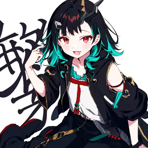 shishio chris,solo,1girl,<lora:shishio chris:1.0>,fang,demon horn