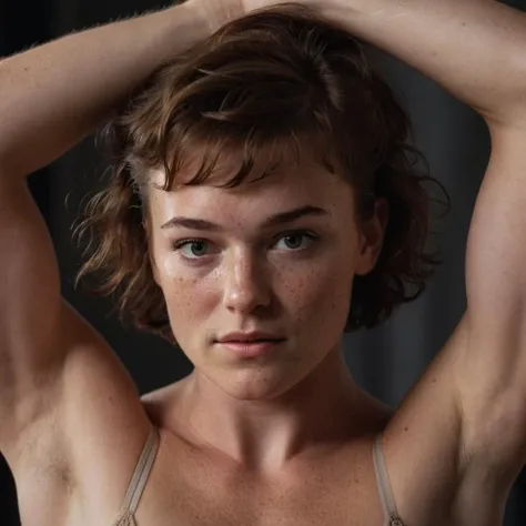 ((high resolution)), ((pale skin)), freckled, brunette ((13 year old)) girls, wavy hair, naked, boxing