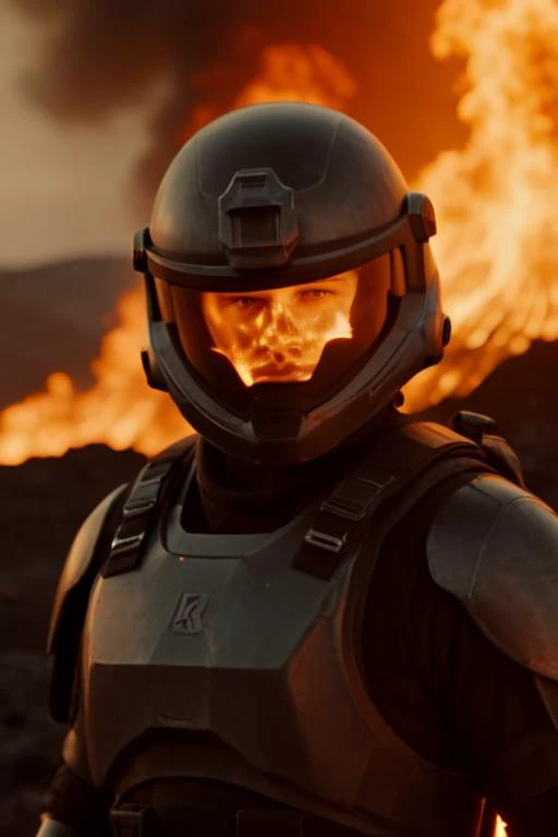 cinematic film still a science fiction soldier coated in flames, in the background a burning volcanic futuristic battlefield, 4k, science fiction, epic, dramatic, <lora:JuggerCineXL2:1> Still, Film Still,Cinematic,Cinematic Shot,Cinematic Lighting, <lora:Rembrandt Lighting Style:1> Rembrandt Lighting Style . shallow depth of field, vignette, highly detailed, high budget, bokeh, cinemascope, moody, epic, gorgeous, film grain, grainy