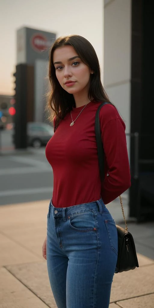 keliz, woman outside, wearing red shirt, blue jeans, <lora:keliz:1>