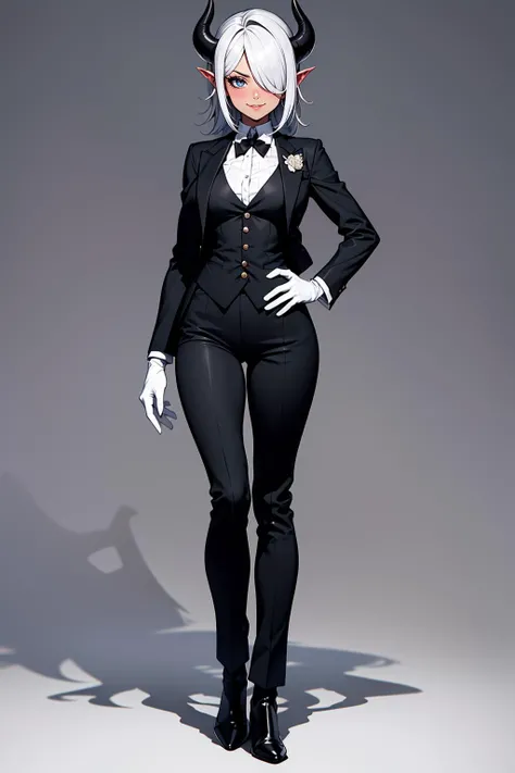 1girl, solo, adult mature woman, age 30, high quality, best quality, highres, high detail, shadows above,iridescent aura, <lora:Char_succubusg-QungunNaOlganite:0.9> qunqun_na_olganite, standing,  tan skin, white hair, hair over one eye, green eyes, (white gloves), standing, smile, horns, demon horns,  butler outfit, vest,  tailcoat:1.2, elegant and sophisticated, Victorian era influence, tailored jacket, crisp white shirt, ascot, high-waisted trousers, polished leather boot heels, detailed embroidery, monochrome color palette,  cinematic lighting 8k resolution,
