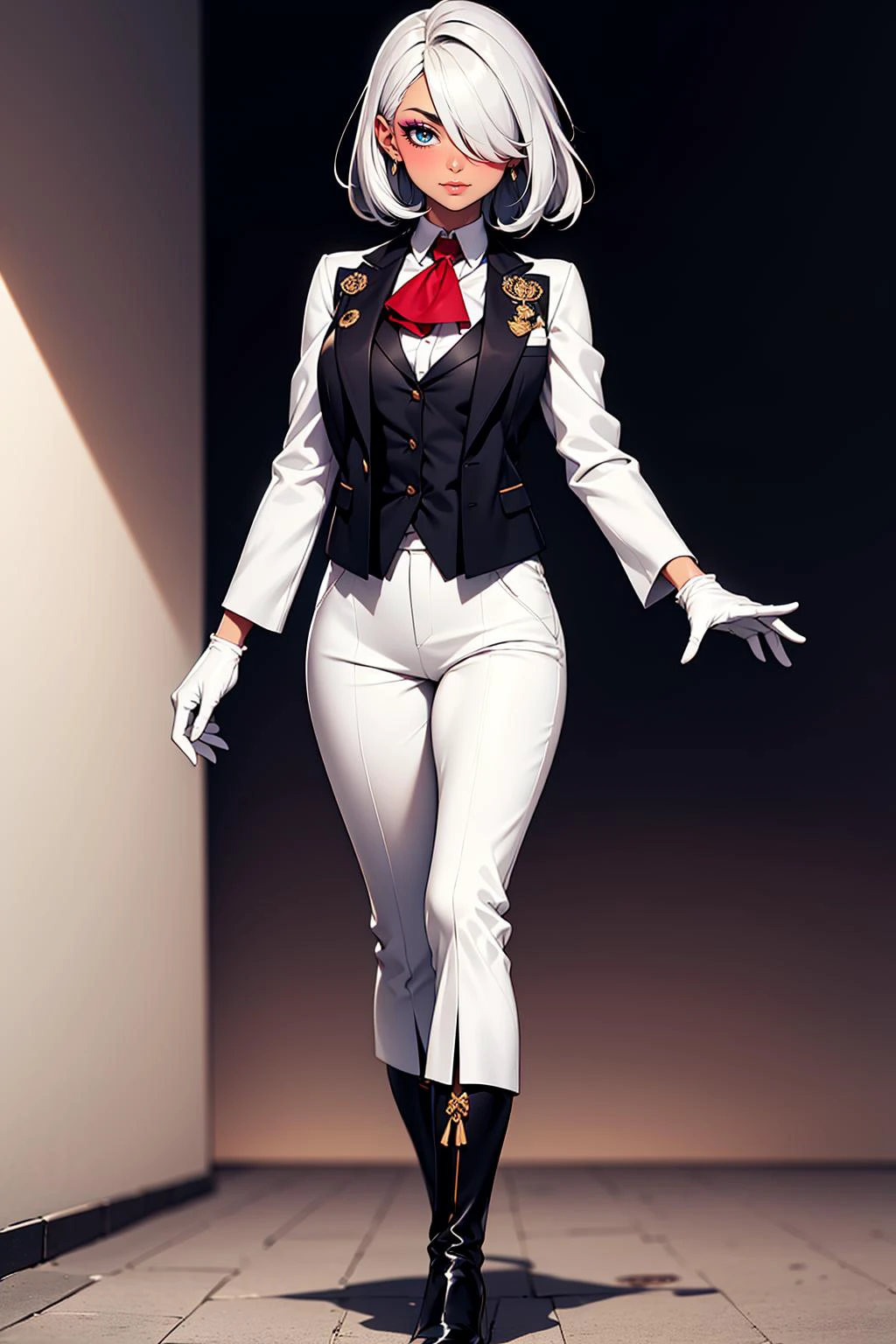 1girl, solo, adult mature woman, age 30, high quality, best quality, highres, high detail, film grain,depth of field, <lora:Char_succubusg-QungunNaOlganite:0.9> qunqun_na_olganite, standing, tan skin, white hair, hair over one eye, green eyes, (white gloves), standing, butler outfit, vest, tailcoat:1.2, elegant and sophisticated, Victorian era influence, tailored jacket, crisp white shirt, ascot, high-waisted trousers, polished leather boot heels, detailed embroidery, monochrome color palette, cinematic lighting 8k resolution,