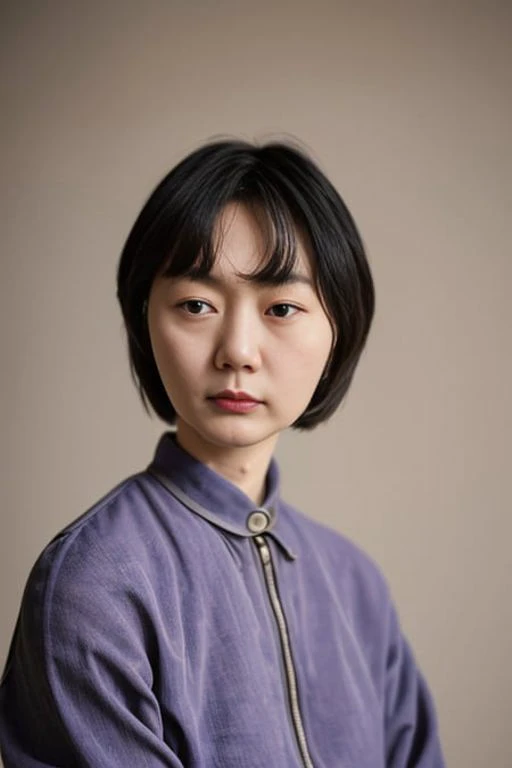 (old color photo) (portrait) of (baedoona-4000) woman, age 30, pastel colors, cute (bob cut), (red lips), (profile view), modelshoot style, analog style, 35mm, dramatic high contrast