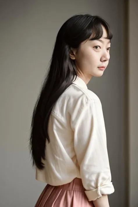 (old color photo) (portrait) of (baedoona-4000) woman, age 30, pastel colors, (long hair), (red lips), (profile view), modelshoot style, analog style, 35mm, dramatic high contrast