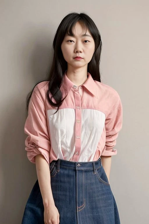 (old color photo) (portrait) of (baedoona-4000) woman, age 40, pastel colors, (long hair), (red lips), looking at camera, modelshoot style, analog style, 35mm, dramatic light