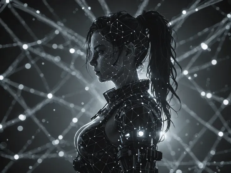 dataviz style, black and white network data visualization in the shape of a cyberpunk girl, masterpiece , hyper detailed, unreal engine, blue tones, stars <lora:dataviz_style_xl_v1:1>
