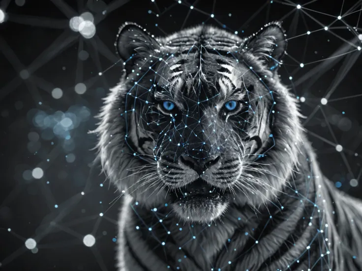 dataviz style, black and white network data visualization in the shape of a Tiger, masterpiece , hyper detailed, unreal engine, blue tones, stars <lora:dataviz_style_xl_v1:1>