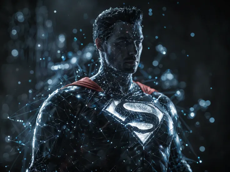 dataviz style, black and white network data visualization in the shape of Superman, masterpiece , hyper detailed, unreal engine, dark red and blue tones, stars, point cloud, luminous light effects <lora:dataviz_style_xl_v1:1> <lora:glowneon_xl_v1:1> glowneon