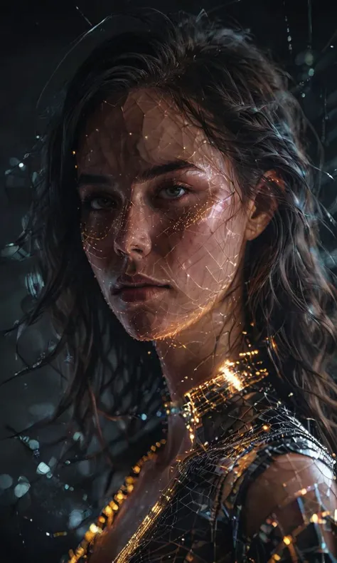 A pixel art portrait of a woman, half her face glitching and disintegrating into code. <lora:aesthetic_anime_v1s:0.8> <lora:glowneon_xl_v1:0.8> glowneon, glowing, sparks, lightning <lora:add-detail-xl:0.8> <lora:dataviz_style_xl_v1:0.8> dataviz style