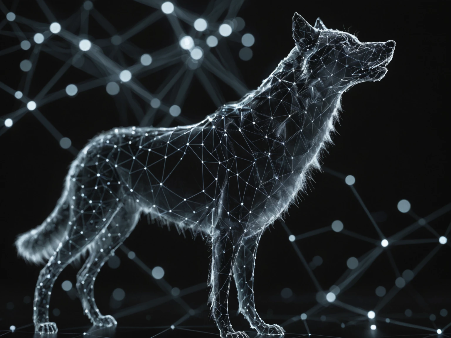 dataviz style, black and white network data visualization in the shape of a Wolf, masterpiece , hyper detailed, unreal engine, blue tones, stars <lora:dataviz_style_xl_v1:1>