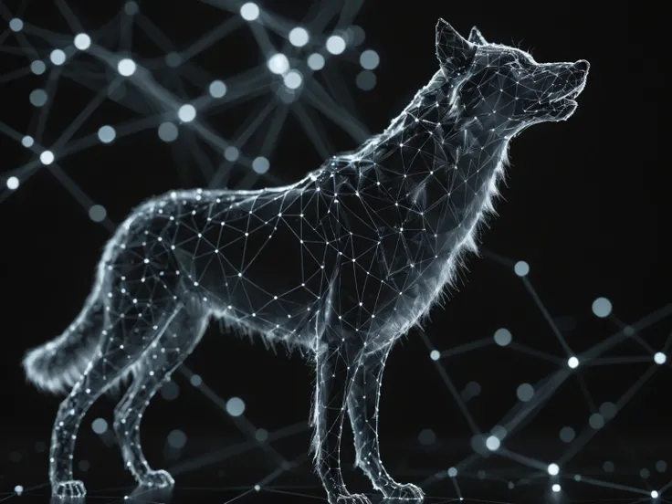 dataviz style, black and white network data visualization in the shape of a Wolf, masterpiece , hyper detailed, unreal engine, blue tones, stars <lora:dataviz_style_xl_v1:1>