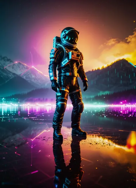 neon noir <lora:dataviz_style_xl_v1:0.88> dataviz style, neon tones, (astronaut:1.1) stands on the shore of a lake, geometric structure in lake glowing large, night, reflection, neon
<lora:xl_more_art-full_v1:0.45> raw photo, detailed, fujifilmxt3, ray tracing, 8k uhd, hdr, . cyberpunk, dark, rainy streets, neon signs, high contrast, low light, vibrant, highly detailed