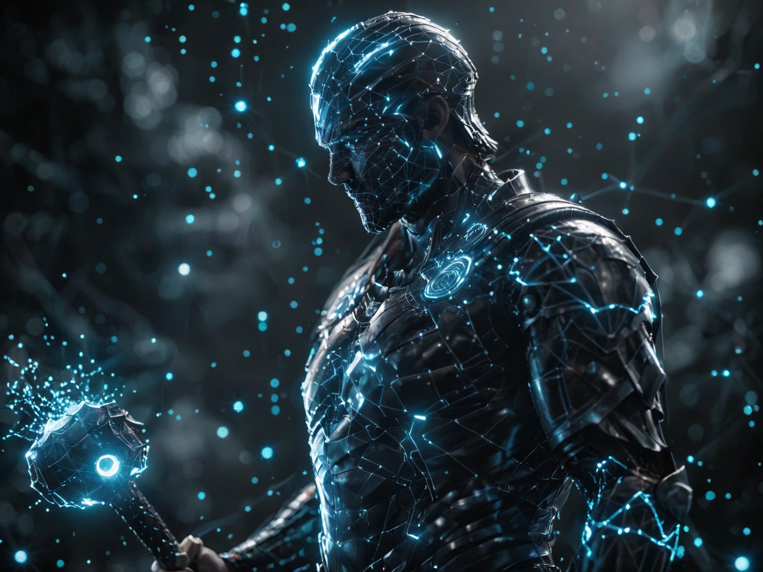 dataviz style, black and white network data visualization in the shape of Thor, masterpiece , hyper detailed, unreal engine, dark cyan and amethyst tones, stars, point cloud, luminous light effects <lora:dataviz_style_xl_v1:1> <lora:glowneon_xl_v1:1> glowneon, emitting lightnings from the hammer