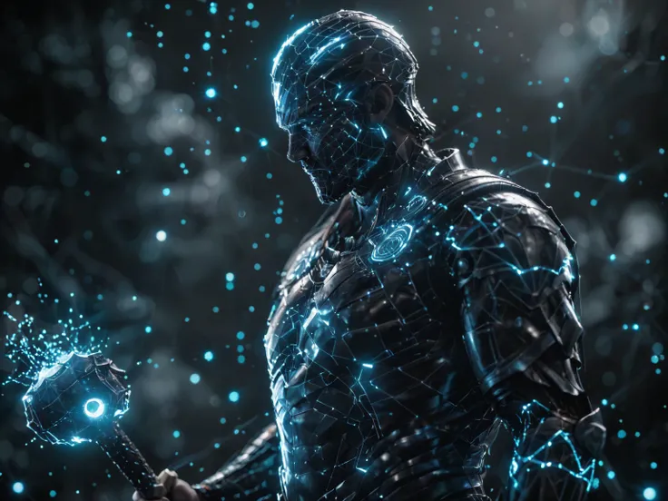 dataviz style, black and white network data visualization in the shape of Thor, masterpiece , hyper detailed, unreal engine, dark cyan and amethyst tones, stars, point cloud, luminous light effects <lora:dataviz_style_xl_v1:1> <lora:glowneon_xl_v1:1> glowneon, emitting lightnings from the hammer