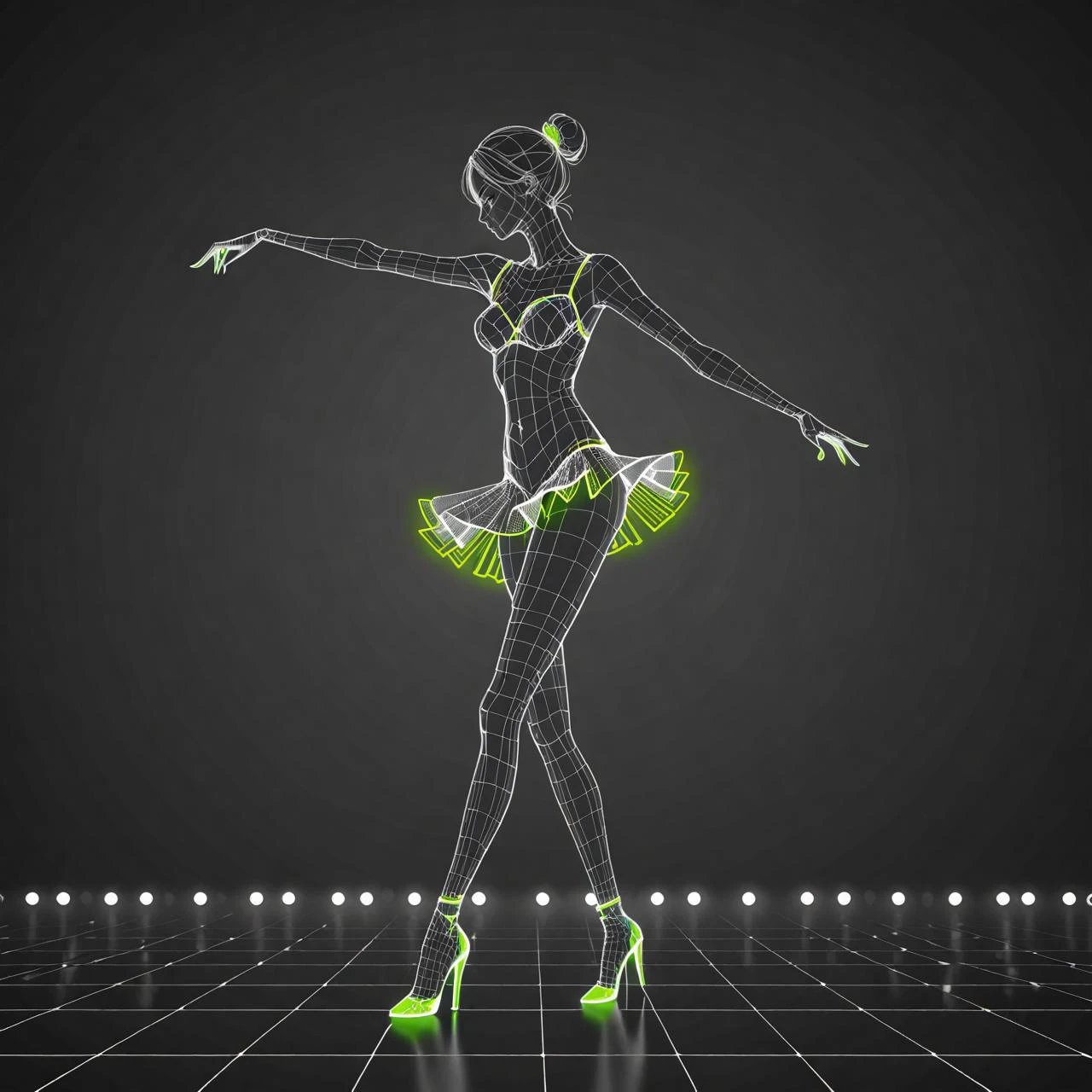 sexy breathtaking a lovely young woman dancing in thighhighs and high heels,<lora:dataviz_style_xl_v1:0.8>,dataviz style,black and white,neon green outline,green tones,greyscale background,edge light, . award-winning, professional, highly detailed