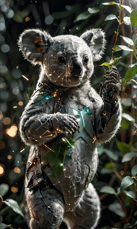 A photorealistic portrait of a koala bear with a robotic arm extension, awkwardly trying to grab eucalyptus leaves. <lora:aesthetic_anime_v1s:0.8> <lora:glowneon_xl_v1:0.8> glowneon, glowing, sparks, lightning <lora:add-detail-xl:0.8> <lora:dataviz_style_xl_v1:0.8> dataviz style