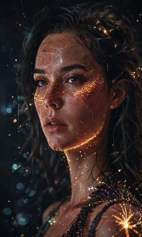 A pixel art portrait of a woman, half her face glitching and disintegrating into code. <lora:aesthetic_anime_v1s:0.8> <lora:glowneon_xl_v1:0.8> glowneon, glowing, sparks, lightning <lora:add-detail-xl:0.8> <lora:dataviz_style_xl_v1:0.8> dataviz style