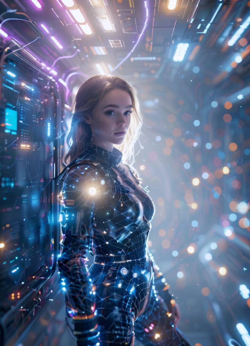 Vibrant Rim Light, Volumetric Lighting, (centered) (full body shot:1.2) <lora:dataviz_style_xl_v1:01.45> dataviz style, wearing skinny space suit on spaceship of space station in the space, beautiful eyes <lora:glowneon_xl_v1:0.5> glowneon, glowing, sparks, lightning , subsurface scattering, Photorealistic, Hyperrealistic, analog style, realistic, film photography, soft lighting, heavy shadow, light depth, dramatic atmospheric lighting, Volumetric Lighting, bright rim light, high contrast, bold edge light