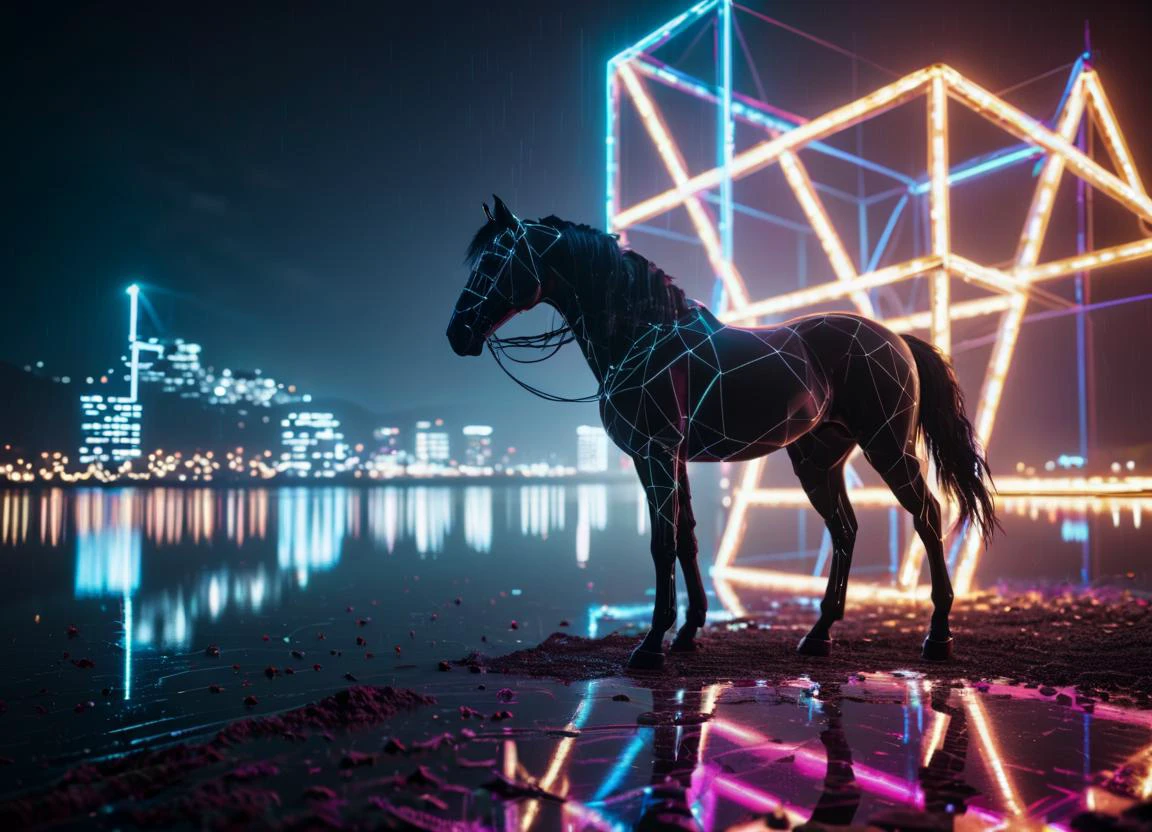 neon noir <lora:dataviz_style_xl_v1:0.88> dataviz style, neon tones, (black stallion:1.1) stands on the shore of a lake, geometric structure in lake glowing large, night, reflection, neon
<lora:xl_more_art-full_v1:0.45> raw photo, detailed, fujifilmxt3, ray tracing, 8k uhd, hdr, . cyberpunk, dark, rainy streets, neon signs, high contrast, low light, vibrant, highly detailed