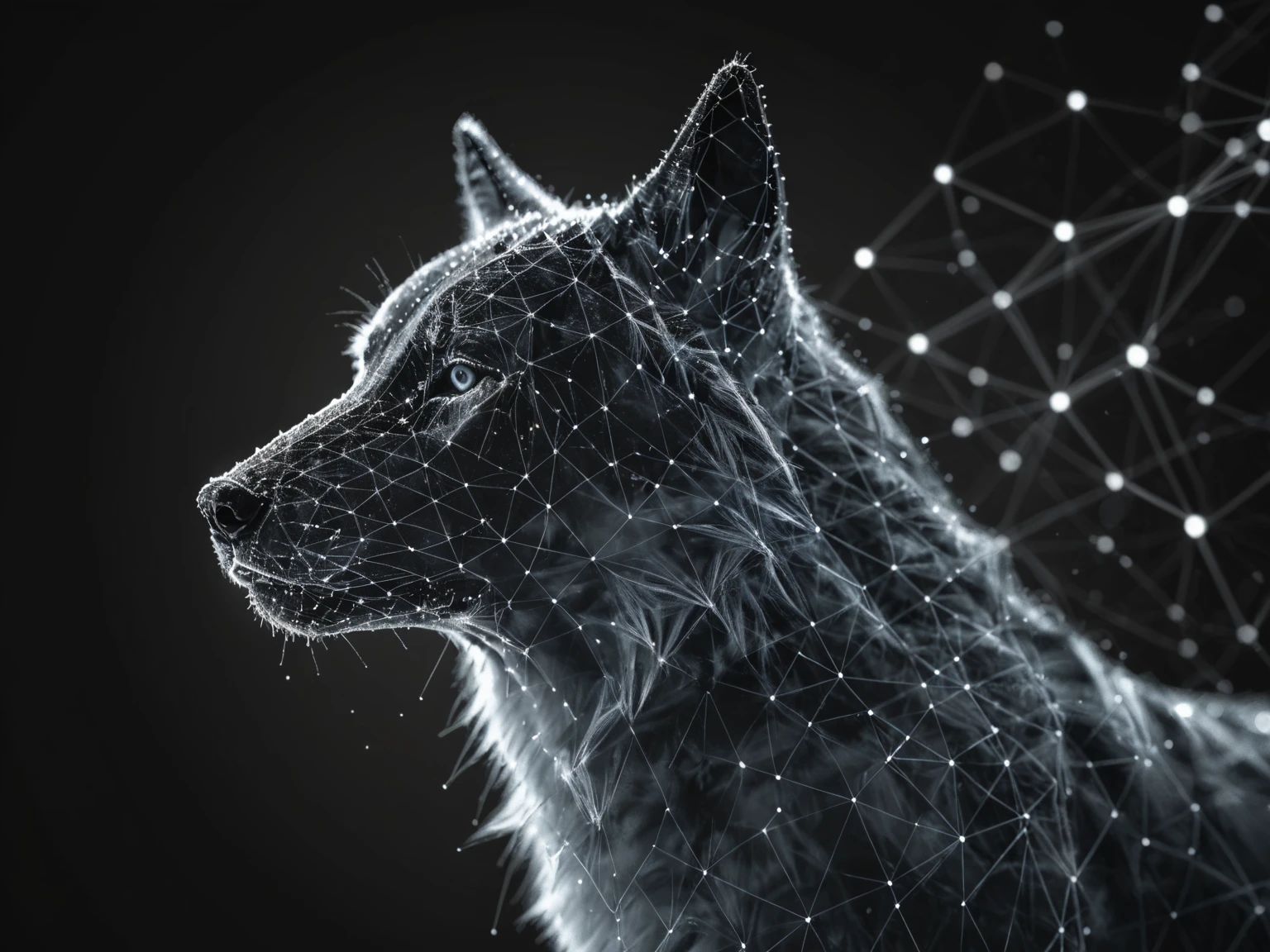 dataviz style, black and white network data visualization in the shape of a Wolf, masterpiece , hyper detailed, unreal engine, blue tones, stars <lora:dataviz_style_xl_v1:1>