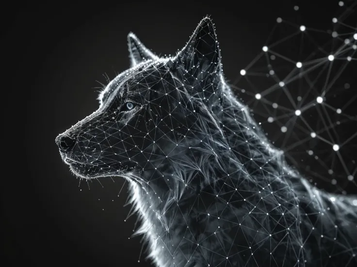 dataviz style, black and white network data visualization in the shape of a Wolf, masterpiece , hyper detailed, unreal engine, blue tones, stars <lora:dataviz_style_xl_v1:1>