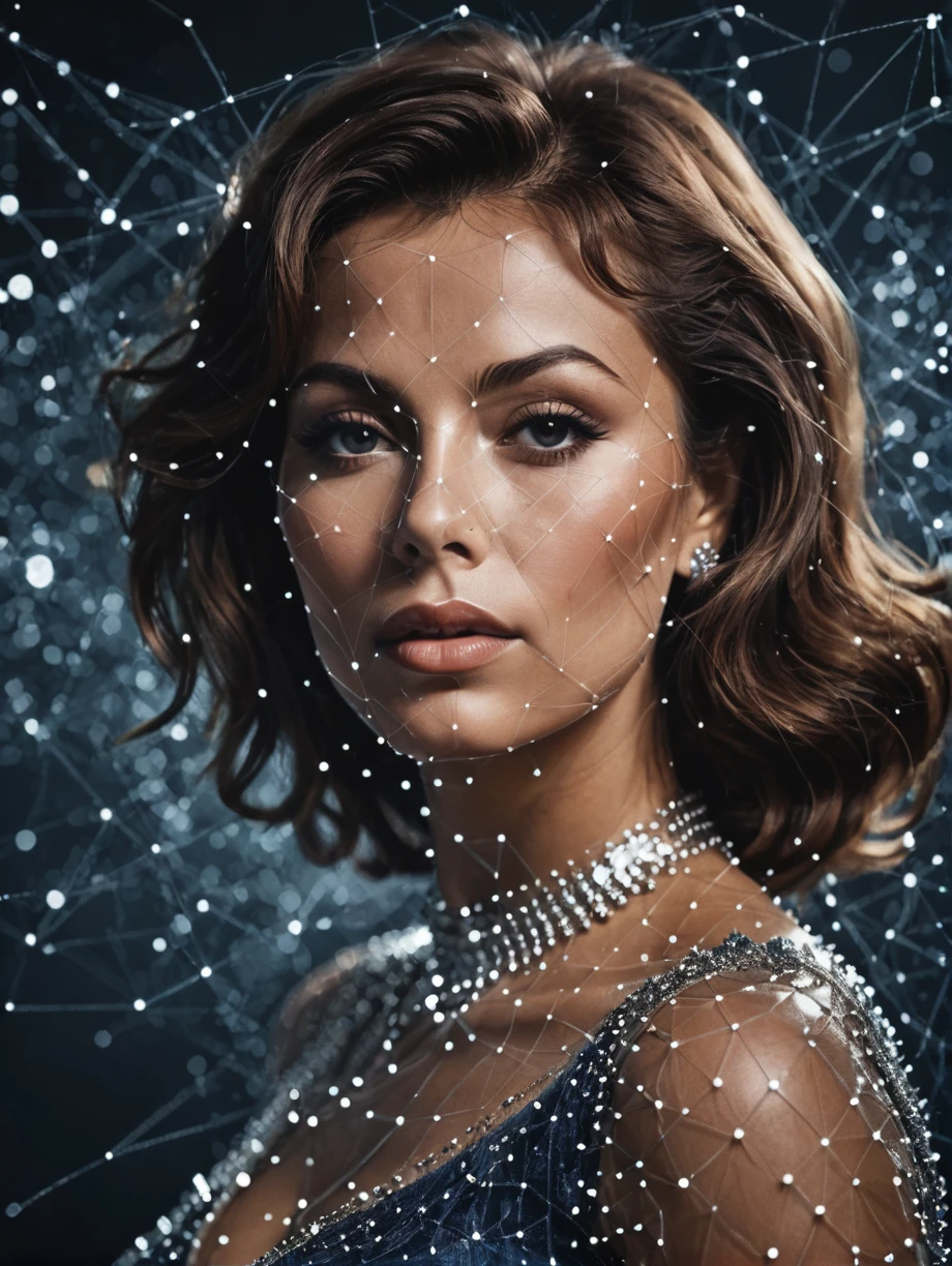 dataviz style, the silhouette of a young sofia loren rendered as a mesh grid, datapoints, sparkles, blue tones, stars <lora:dataviz_style_xl_v1:1>