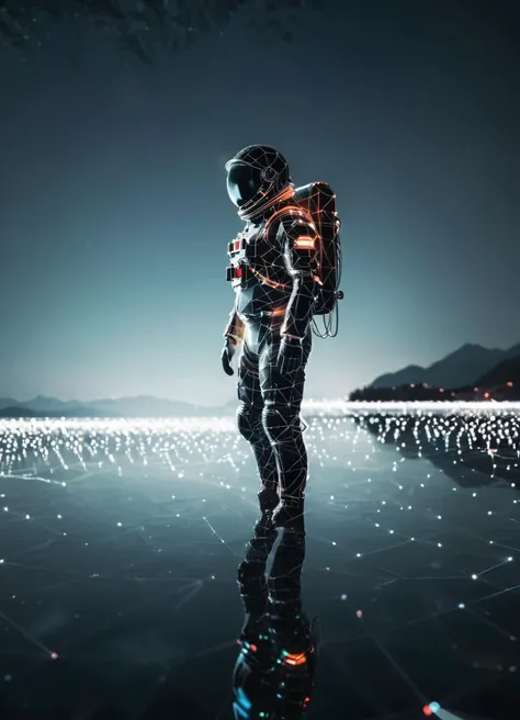 <lora:dataviz_style_xl_v1:1.2> dataviz style, neon tones, (astronaut:1.1) stands on the shore of a lake, geometric structure in lake glowing large, night, reflection, neon
<lora:xl_more_art-full_v1:0.45> raw photo, detailed, fujifilmxt3, ray tracing, 8k uhd, hdr,