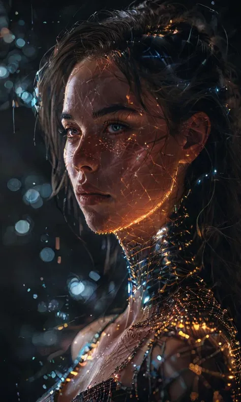 A pixel art portrait of a woman, half her face glitching and disintegrating into code. <lora:aesthetic_anime_v1s:0.8> <lora:glowneon_xl_v1:0.8> glowneon, glowing, sparks, lightning <lora:add-detail-xl:0.8> <lora:dataviz_style_xl_v1:0.8> dataviz style