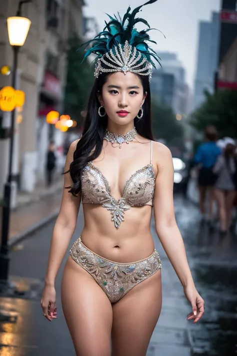 1girl,<lora:liuyifei:0.6>,liuyifei,omertosa,1girl,cute,cityscape,night,rain,wet,professional lighting,photon mapping,radiosity,physically-based rendering,full body,walking,edgCarnival,wearing edgCarnival costume,(feathers) ,<lora:edgCarnival:1>,, RAW photo, (high detailed skin:1.2), 8k uhd, dslr, soft lighting, high quality, film grain, Fujifilm XT3