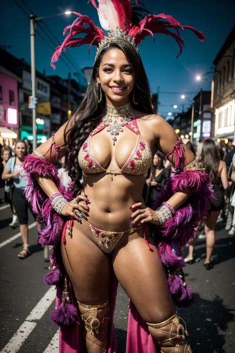 Beautiful Brazilian Girl、black hair、With bangs、blue eyes、smile、Purple peacock crown、huge breasts、plump body、Purple peacock feather、purple micro bikini、Purple knee-high boots、Crowded with many spectators、at Rio&#39;s Samba Carnival