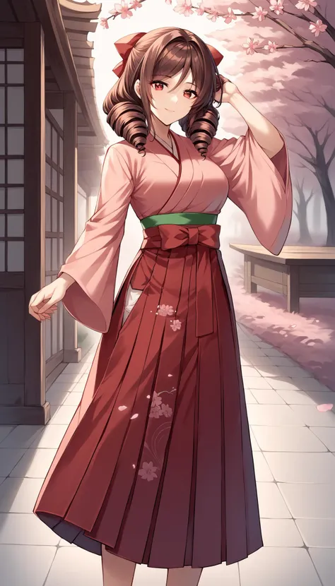 score_9, score_8_up, score_7_up, source_anime, game cg,cowboy shot,<lora:harukaze:1>harukazeKC, long hair,brown hair,red eyes, skirt, long sleeves,bow, hair bow, japanese clothes, wide sleeves, kimono, red bow, drill hair, hakama, hakama skirt, twin drills,red hakama, pink kimono, meiji schoolgirl uniform,cherry blossoms, (touching hair:1.2) ,light smile, <lora:light_sharp_style_magin3.1:1>