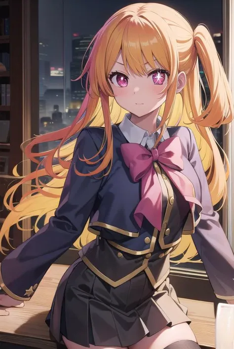 rubyhoshino, <lyco:rubyhoshino-lyco-nochekaiser:1>,
ruby hoshino, (yellow hair:1.5), long hair, one side up, (pink eyes:1.5), sidelocks, (star-shaped pupils:1.5), (symbol-shaped pupils:1.5), (mismatched pupils:1.5),
BREAK black vest, blue jacket, bow, bowtie, collared shirt, cropped jacket, jacket, kneehighs, long sleeves, pink bow, pink bowtie, pleated skirt, school uniform, shirt, skirt, socks, vest, white shirt, white socks, youtou high school uniform,
BREAK looking at viewer,
BREAK indoors, classroom,
BREAK <lyco:GoodHands-beta2:1>, (masterpiece:1.2), best quality, high resolution, unity 8k wallpaper, (illustration:0.8), (beautiful detailed eyes:1.6), extremely detailed face, perfect lighting, extremely detailed CG, (perfect hands, perfect anatomy),