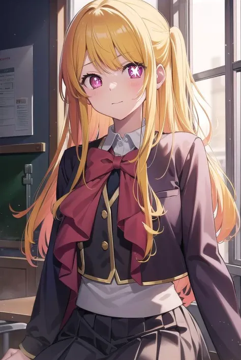 rubyhoshino, <lyco:rubyhoshino-lyco-nochekaiser:1>,
ruby hoshino, (yellow hair:1.5), long hair, one side up, (pink eyes:1.5), sidelocks, (star-shaped pupils:1.5), (symbol-shaped pupils:1.5), (mismatched pupils:1.5),
BREAK black vest, blue jacket, bow, bowtie, collared shirt, cropped jacket, jacket, kneehighs, long sleeves, pink bow, pink bowtie, pleated skirt, school uniform, shirt, skirt, socks, vest, white shirt, white socks, youtou high school uniform,
BREAK looking at viewer,
BREAK indoors, classroom,
BREAK <lyco:GoodHands-beta2:1>, (masterpiece:1.2), best quality, high resolution, unity 8k wallpaper, (illustration:0.8), (beautiful detailed eyes:1.6), extremely detailed face, perfect lighting, extremely detailed CG, (perfect hands, perfect anatomy),