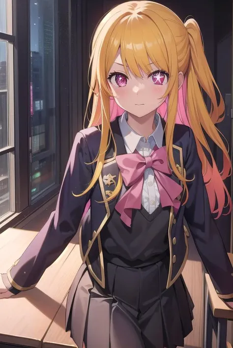 rubyhoshino, <lyco:rubyhoshino-lyco-nochekaiser:1>,
ruby hoshino, (yellow hair:1.5), long hair, one side up, (pink eyes:1.5), sidelocks, (star-shaped pupils:1.5), (symbol-shaped pupils:1.5), (mismatched pupils:1.5),
BREAK black vest, blue jacket, bow, bowtie, collared shirt, cropped jacket, jacket, kneehighs, long sleeves, pink bow, pink bowtie, pleated skirt, school uniform, shirt, skirt, socks, vest, white shirt, white socks, youtou high school uniform,
BREAK looking at viewer,
BREAK indoors, classroom,
BREAK <lyco:GoodHands-beta2:1>, (masterpiece:1.2), best quality, high resolution, unity 8k wallpaper, (illustration:0.8), (beautiful detailed eyes:1.6), extremely detailed face, perfect lighting, extremely detailed CG, (perfect hands, perfect anatomy),