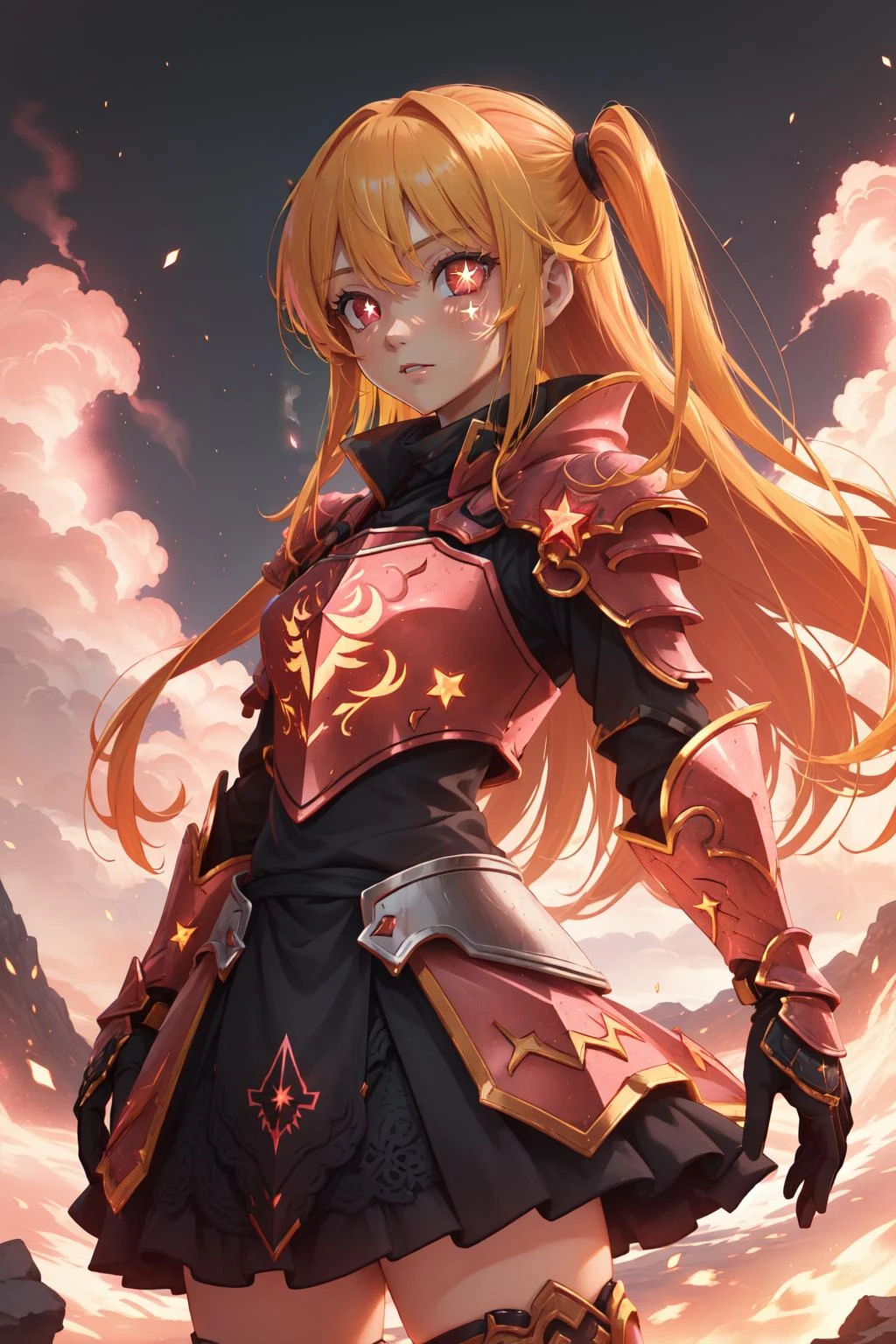 (masterpiece, best quality), intricate details,
1girl, <lora:rubyhoshino-lyco-nochekaiser:0.8> ruby hoshino, (yellow hair:1.5), long hair, one side up, (pink eyes:1.5), sidelocks, (star-shaped pupils:1.5), (symbol-shaped pupils:1.5), (mismatched pupils:1.5),
<lora:Clothing - Ember Armor_v2:0.6> emb3r4rmor, embers, glowing, burning, arms behind back, battlefield, castle, war, debris, smoke, fire, armor, gauntlets, pauldrons, skirt,