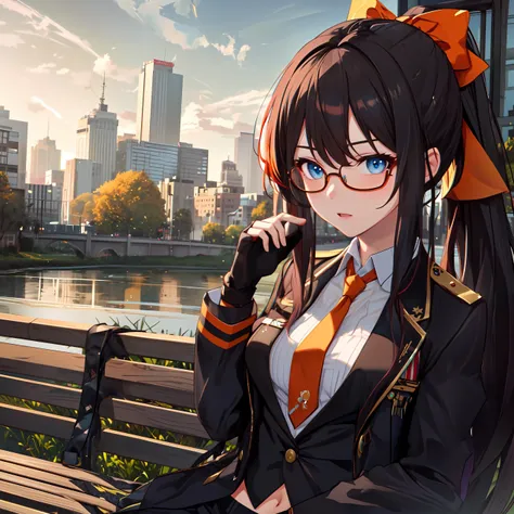 1girl,black suit,bandaged arm,(military jacket,1.5),pant suit,blue necktie,adjusting, collar tug,very long hair, low twintails,high ponytail,(black hair,1.3), fingerless gloves,orange rimless eyewear,multicolored hair,medium breasts,wing brooch,,orange hair bow,blue eyes, navel,upper body,park bench, cityscape,
absurdres,masterpiece, best quality,best quality, light effects,beautiful detailed eyes
<lora:more_details:0.8>