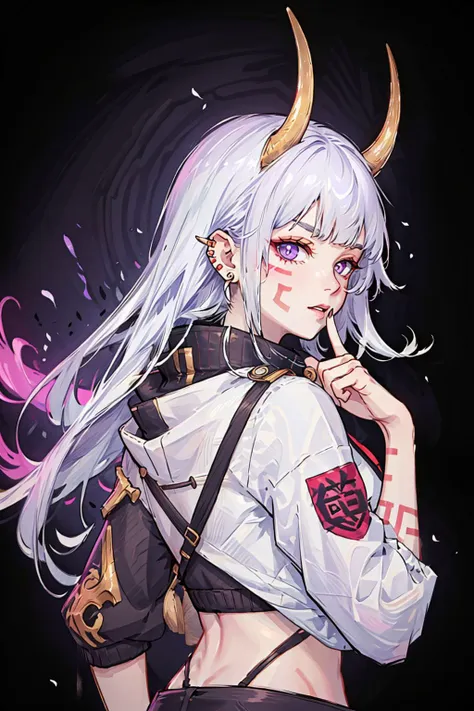 <lora:inkshadow_kai'sa-000012:0.6>,inkshadow kai'sa,1girl,long hair,facial mark,crop top,horns,tattoo,bangs,multicolored hair,white hair,red hair,oniNFT,horns,jewelry,earrings,dragon,solo,black background,jacket,upper body,multicolored hair,simple background,pointy ears,purple jacket,ear piercing,red hair,1girl,white hair,teeth,long hair,<lora:Ronin:0.8>,oniNFT,from from behind,finger to mouth,, (masterpiece, best quality, high quality, highres, ultra-detailed),