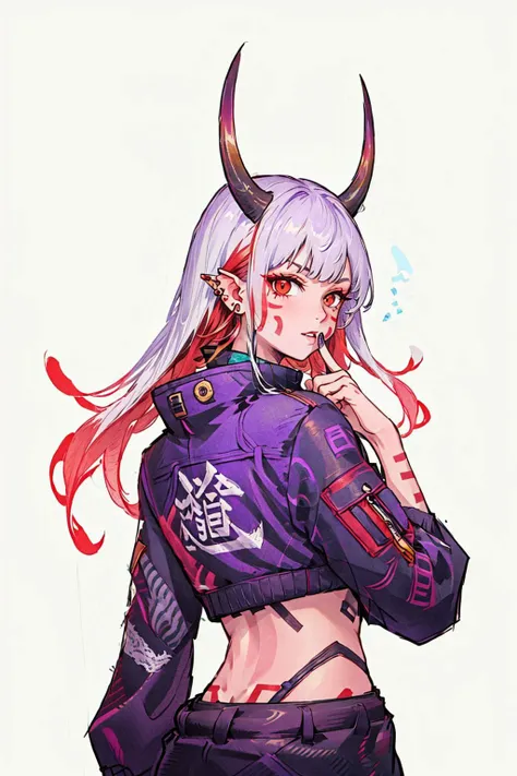 <lora:inkshadow_kai'sa-000012:0.6>,inkshadow kai'sa,1girl,long hair,facial mark,crop top,horns,tattoo,bangs,multicolored hair,white hair,red hair,oniNFT,horns,jewelry,earrings,dragon,solo,black background,jacket,upper body,multicolored hair,simple background,pointy ears,purple jacket,ear piercing,red hair,1girl,white hair,teeth,long hair,<lora:Ronin:0.8>,oniNFT,from from behind,finger to mouth,, (masterpiece, best quality, high quality, highres, ultra-detailed),